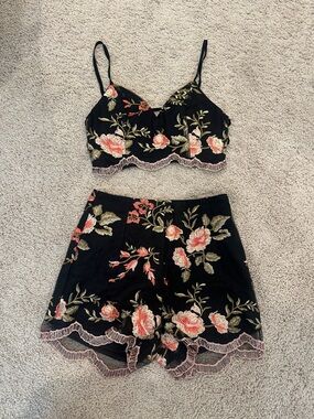 Floral Embroidered Black Bralette & Shorts Set
